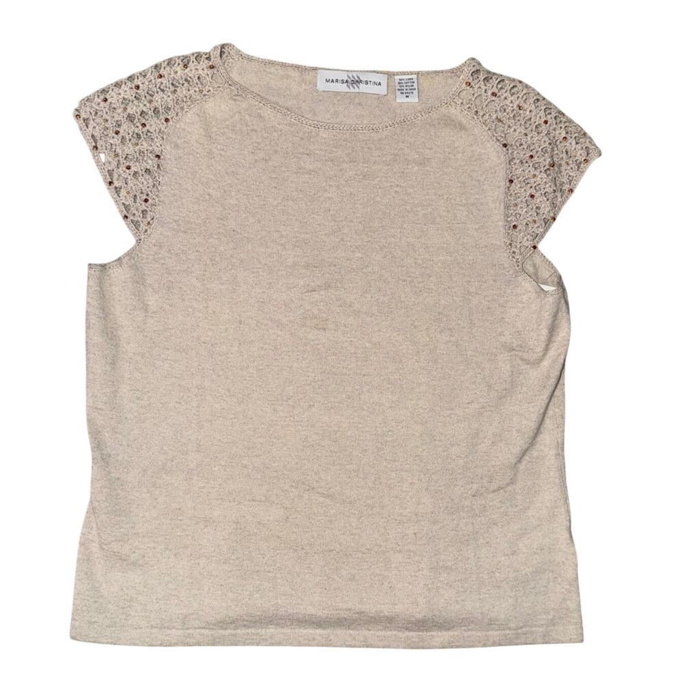 Marisa Christina Linen Blend Crochet Beaded Knit Top Beige Medium Vintage Y2K
